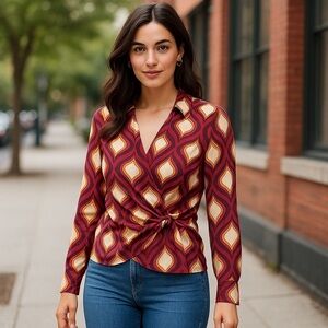 NWT Cupcakes & Cashmere Retro Geo Print Faux Wrap Blouse XS
